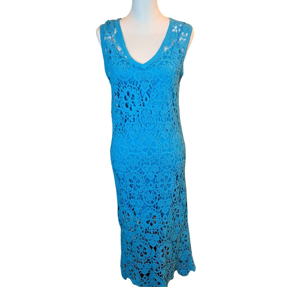 HOUSE OF HARLOW 1960 Women's Midi Crochet Dress Sz: S Turquoise